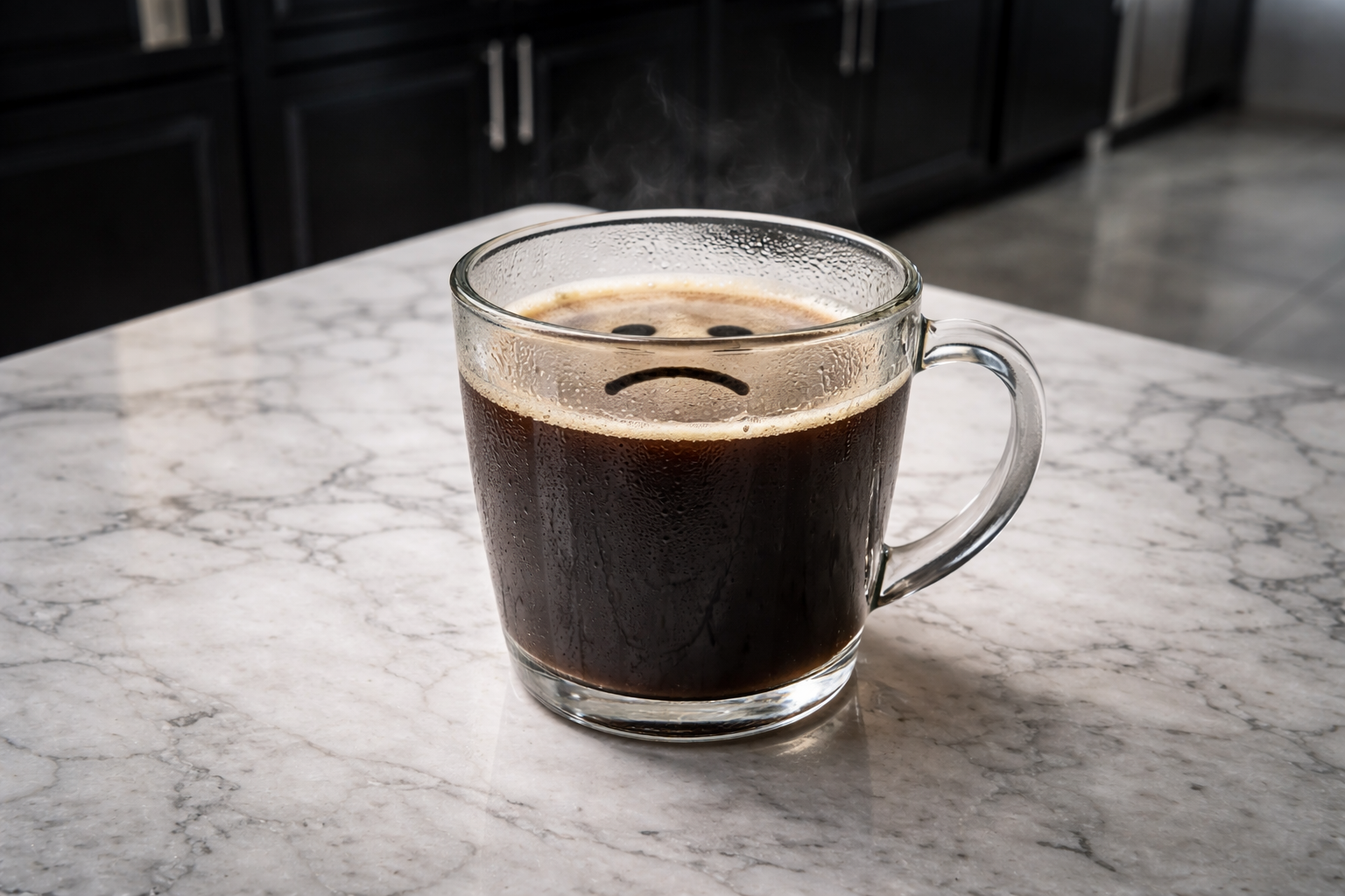 Sad coffee on marble countertop