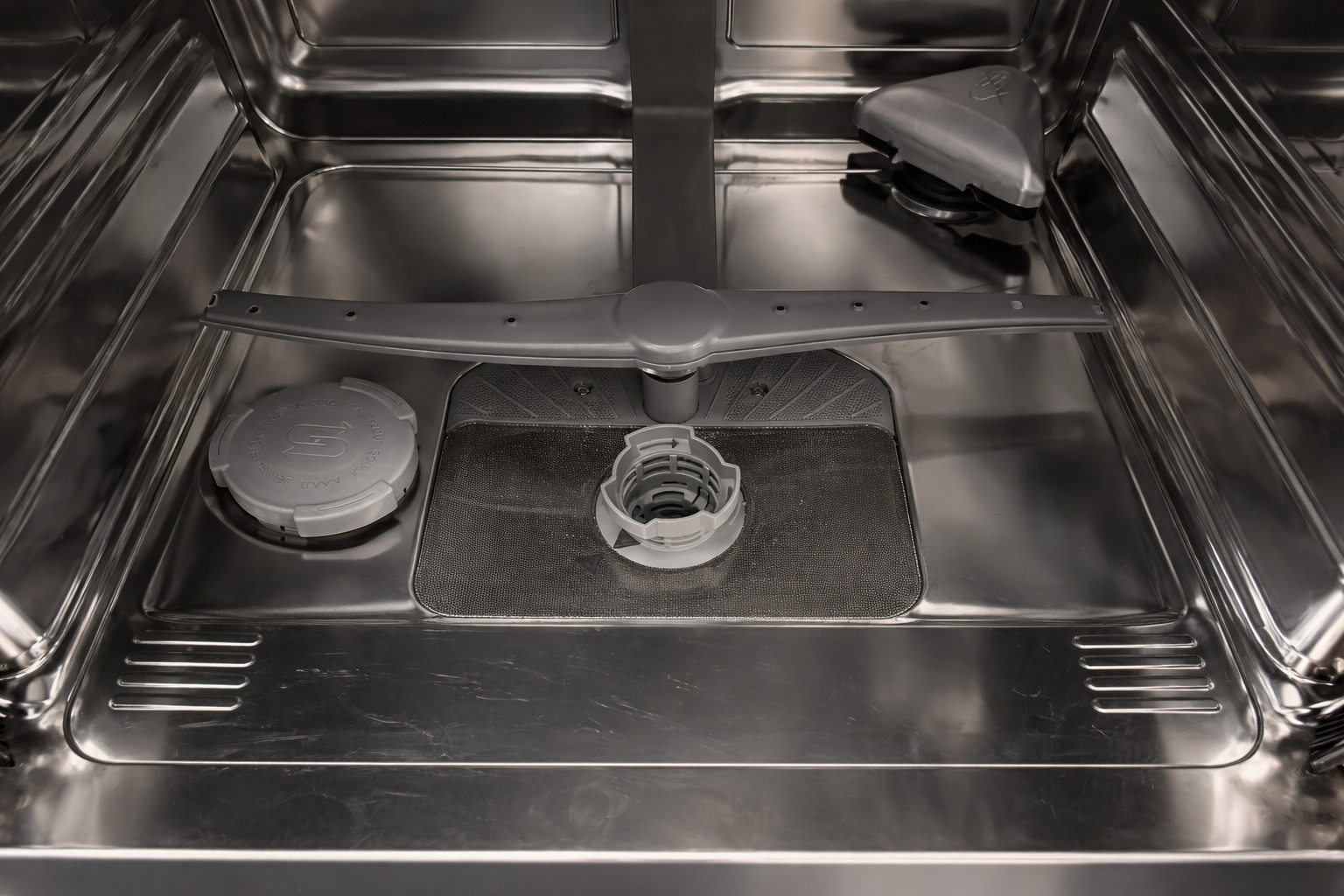 Interior shot of stainless steel dishwasher.