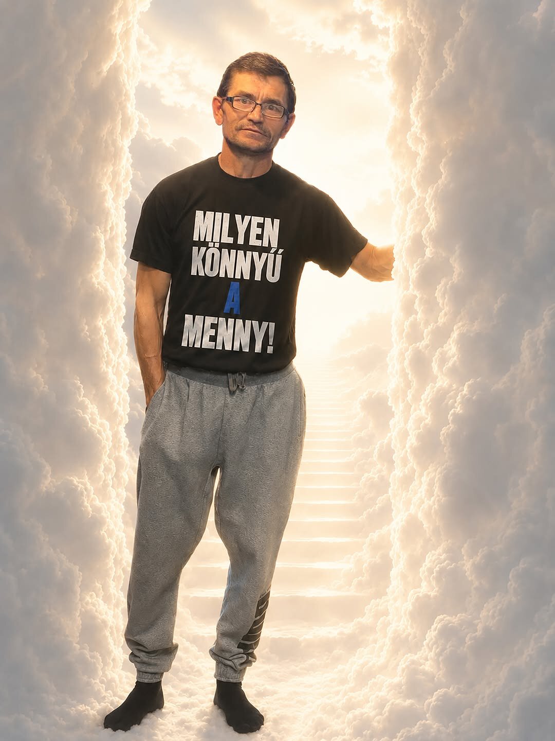 A man stands among clouds before a stairway of light, his shirt carrying the poem's line: Milyen könnyű a menny! [How light the heaven is!]